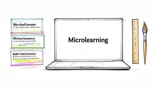 Sketch illustrating microlearning concepts with a laptop displaying 'Microlearning,' bite-sized lessons, ruler, and paintbrush.