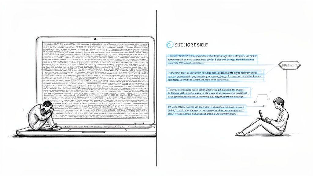 A person overwhelmed by a massive amount of text on a laptop, contrasted with another person thinking while using a laptop.