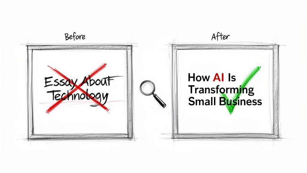 Comparison of a generic 'Essay About Technology' title with an optimized 'How AI Is Transforming Small Business' title.