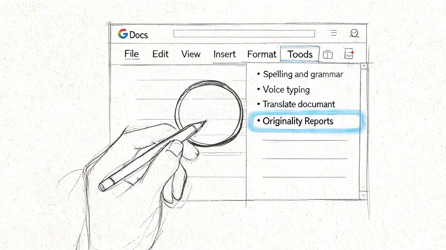 A hand-drawn sketch of a Google Docs menu highlighting the Originality Reports option for checking plagiarism.