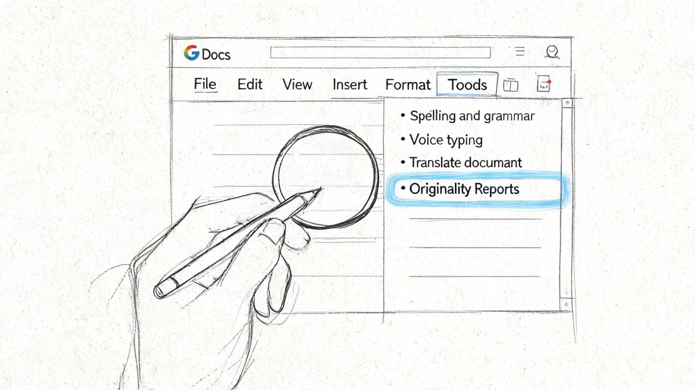A hand-drawn sketch of a Google Docs menu highlighting the Originality Reports option for checking plagiarism.