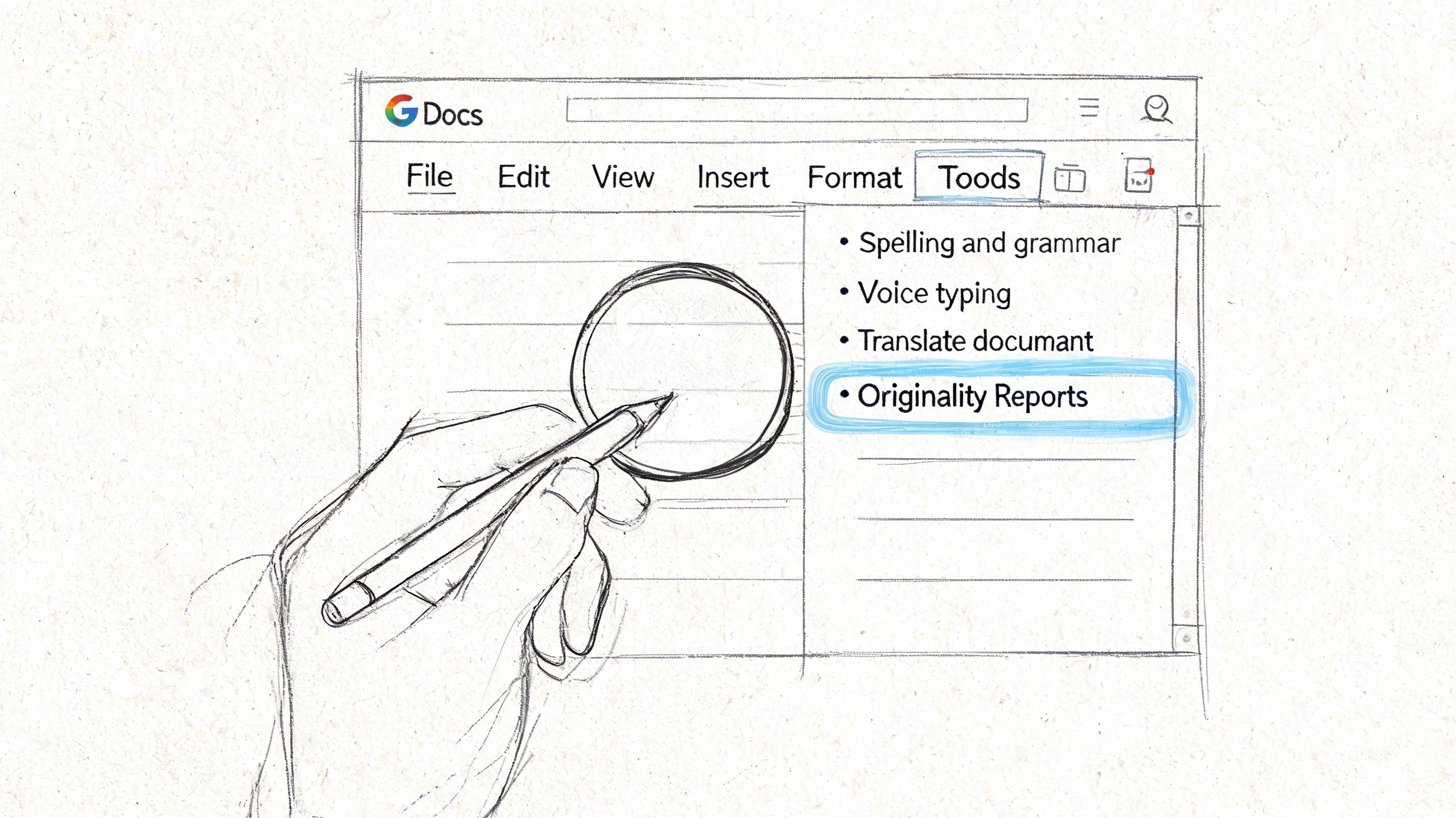 A hand-drawn sketch of a Google Docs menu highlighting the Originality Reports option for checking plagiarism.