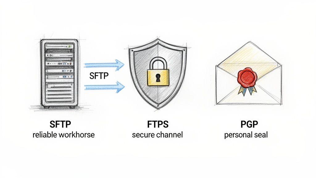 Diagram illustrating SFTP as a reliable workhorse, FTPS as a secure channel, and PGP as a personal seal.