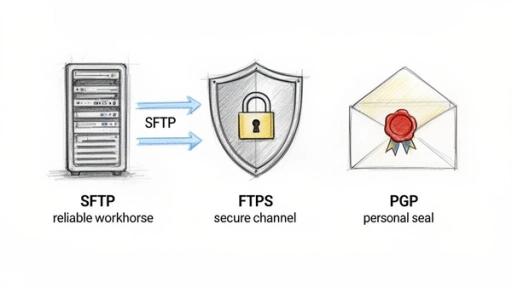 Diagram illustrating SFTP as a reliable workhorse, FTPS as a secure channel, and PGP as a personal seal.