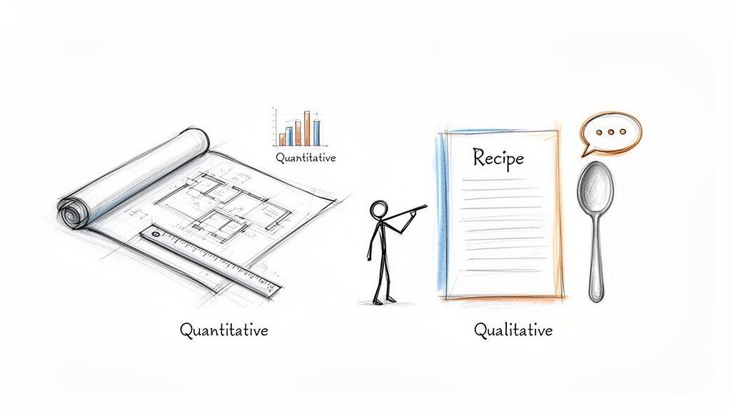 An illustration comparing quantitative research (blueprints, charts) with qualitative research (recipes, discussions).