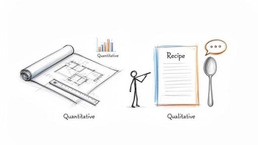 An illustration comparing quantitative research (blueprints, charts) with qualitative research (recipes, discussions).