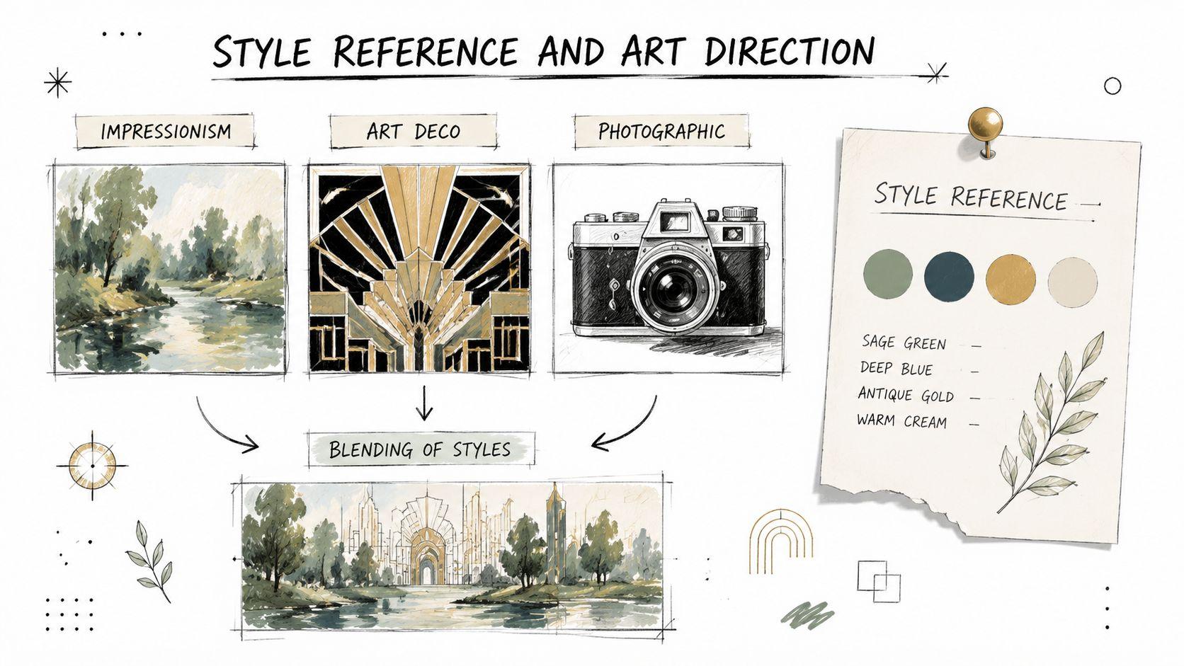 A visual style reference board showcasing Impressionism, Art Deco, and photography blended into a unique illustration.