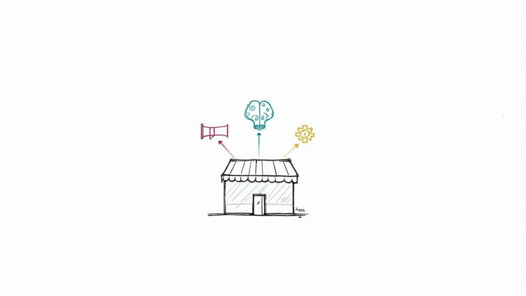 A hand-drawn illustration of a business building with arrows pointing to symbols for marketing, AI, and operations.