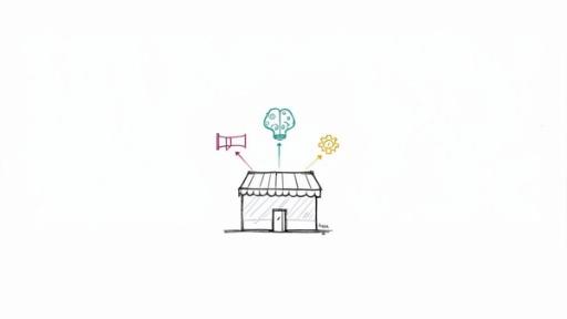 A hand-drawn illustration of a business building with arrows pointing to symbols for marketing, AI, and operations.
