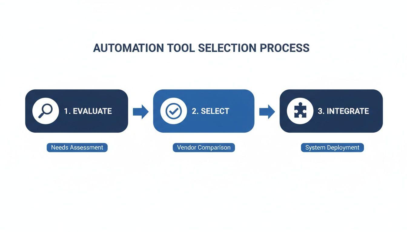A three-step diagram illustrating the automation tool selection process: evaluate, select, and integrate.