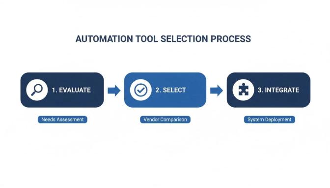 A three-step diagram illustrating the automation tool selection process: evaluate, select, and integrate.