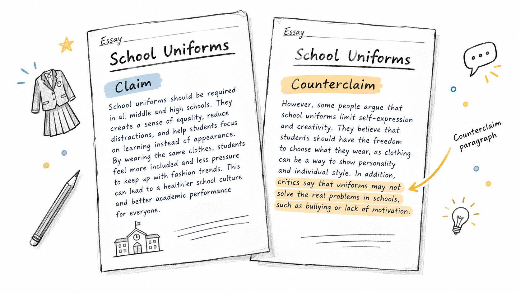 An educational illustration showing a claim and a counterclaim paragraph for a school uniforms essay.