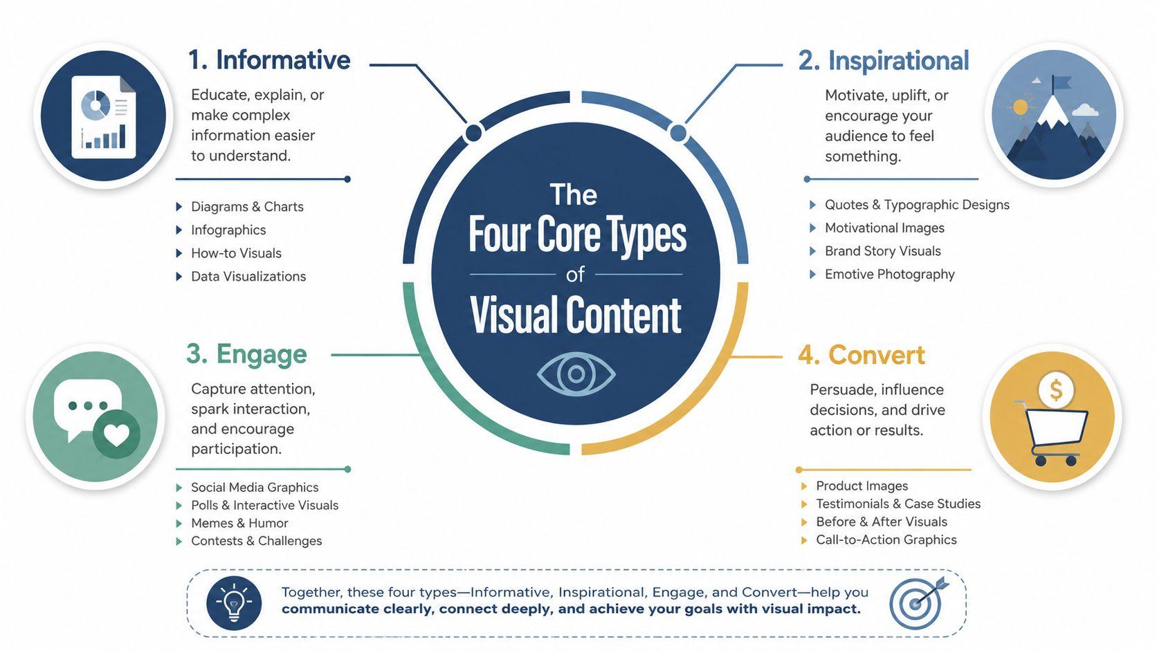 An infographic illustrating the four core types of visual content: Informative, Inspirational, Engage, and Convert.