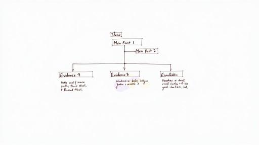 A research paper outline with thesis, main points, and supporting evidence handwritten on white.
