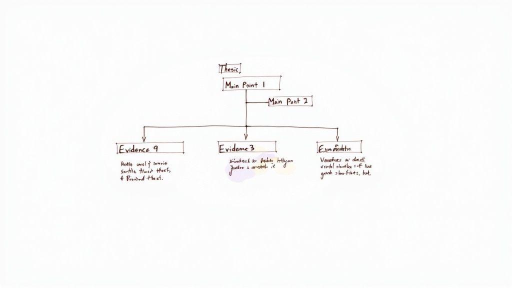 A research paper outline with thesis, main points, and supporting evidence handwritten on white.