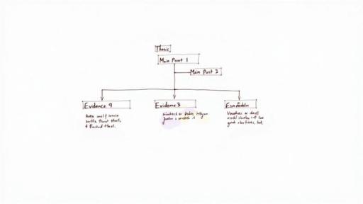 A research paper outline with thesis, main points, and supporting evidence handwritten on white.