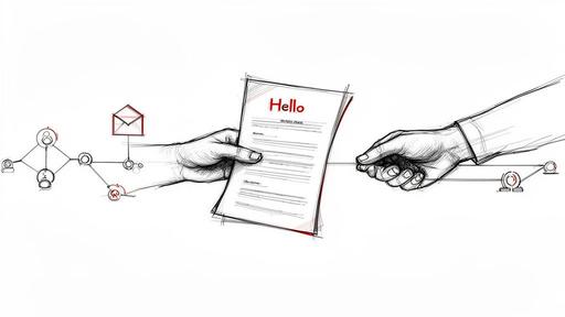 Black and red sketch of two hands exchanging a resume, linked by a digital network.