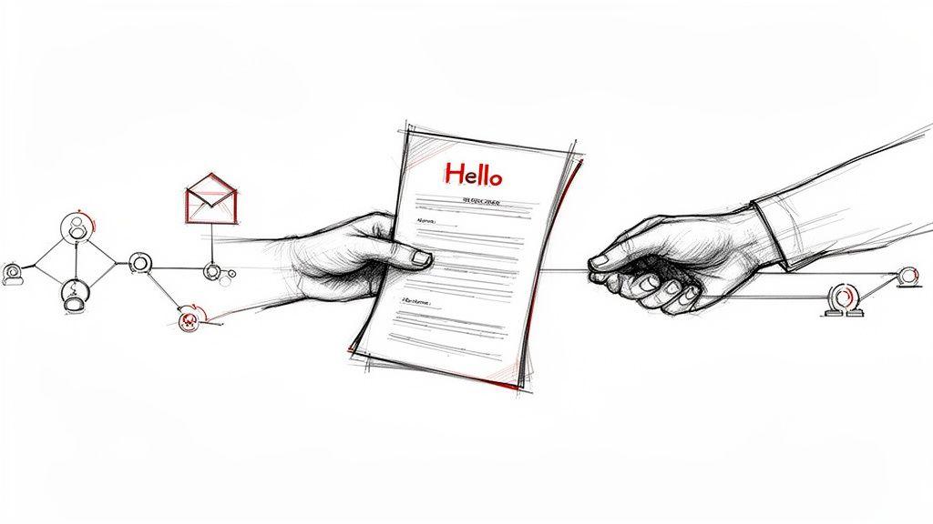 Black and red sketch of two hands exchanging a resume, linked by a digital network.