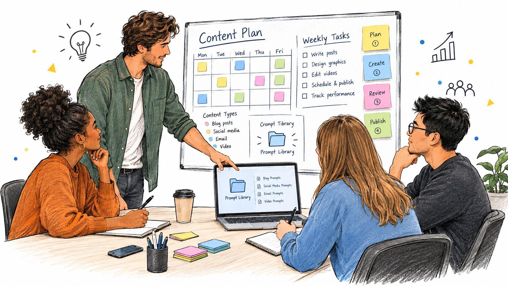 A professional team collaborating on a content plan in an office setting with a whiteboard and laptop.