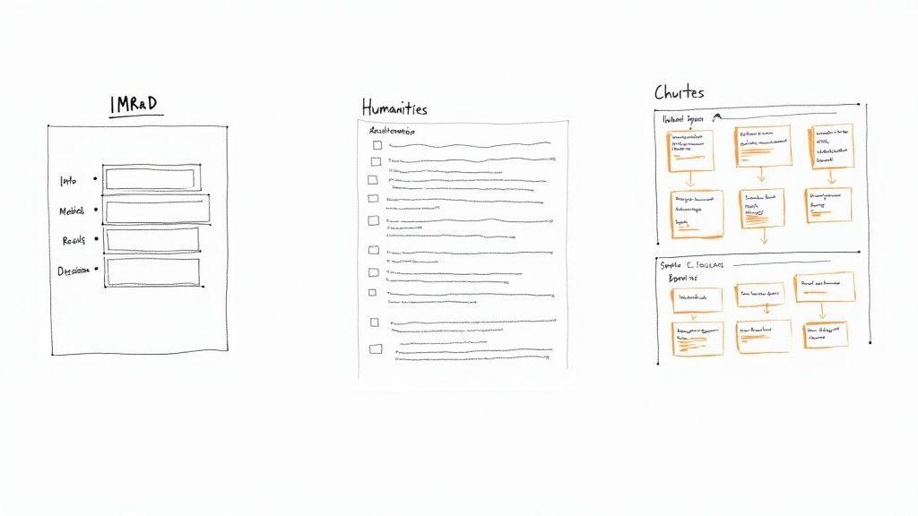 Three diagrams illustrate different academic writing structures: IMRaD, a humanities checklist, and two flowcharts for outlining.