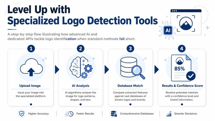 A diagram illustrating a four-step process for using AI tools to detect and identify company logos.
