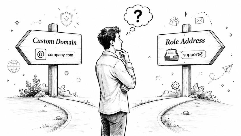 A person standing at a crossroads deciding between choosing a custom domain or a role address.