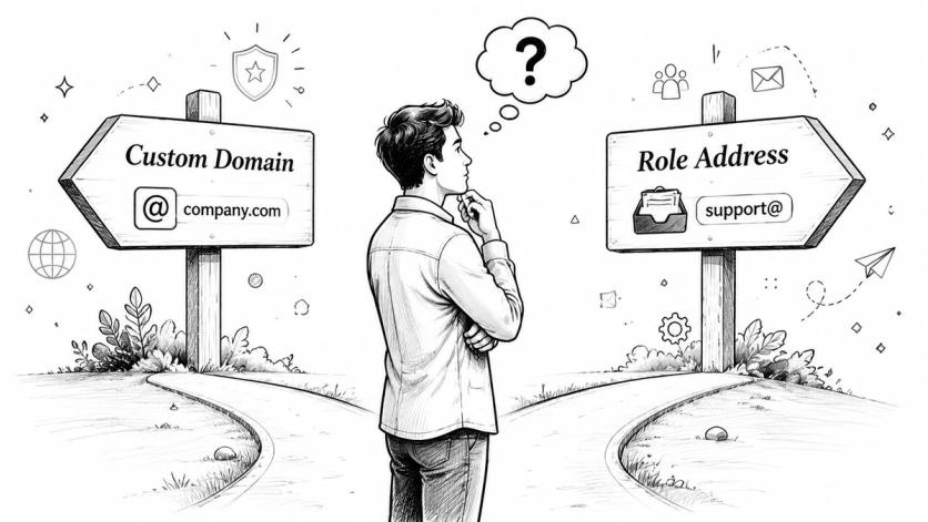 A person standing at a crossroads deciding between choosing a custom domain or a role address.