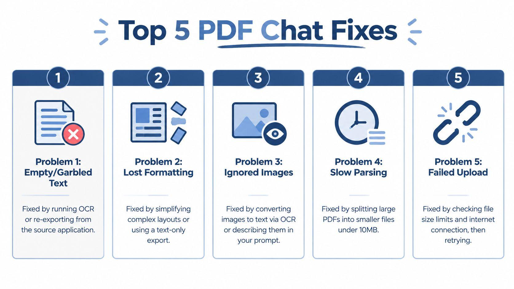 An infographic titled Top 5 PDF Chat Fixes listing common document issues and their respective technical solutions.