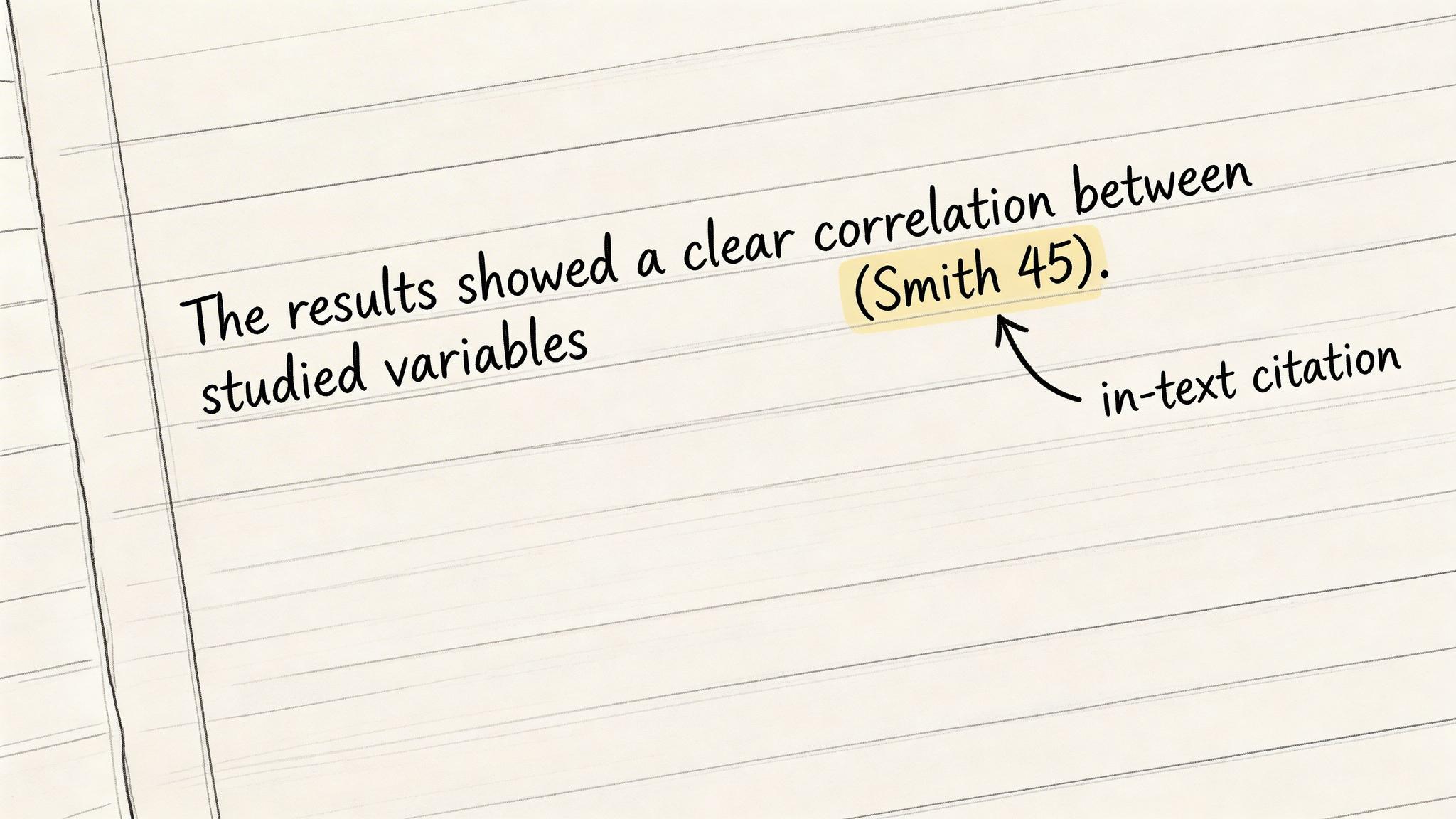 A line of text on notebook paper showing an example of an in-text citation format.
