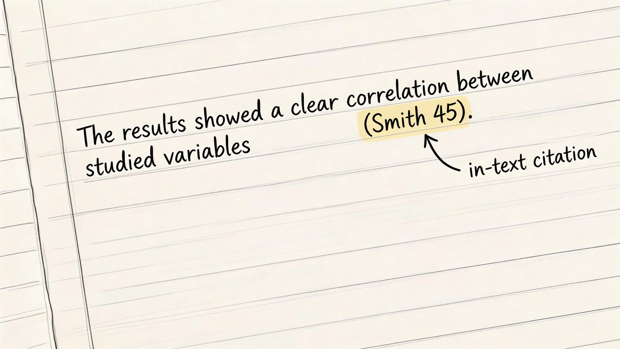 A line of text on notebook paper showing an example of an in-text citation format.
