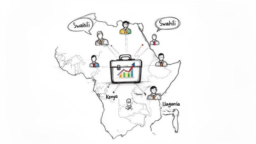 A sketch of the African map with people connected to a briefcase, highlighting Swahili language.