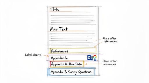 Sketch illustrating proper document structure, showing title, main text, references, and clearly labeled appendices following references.