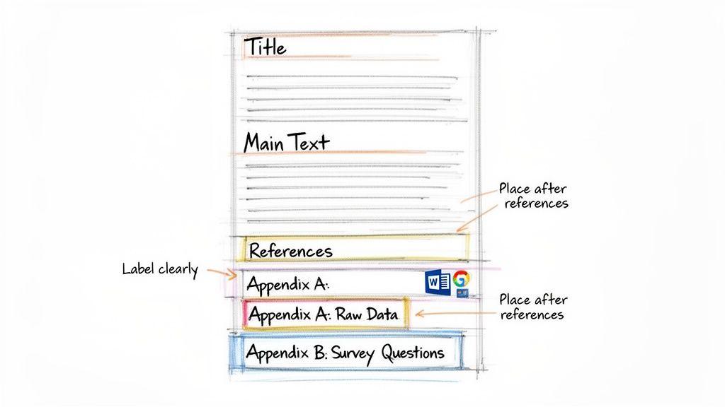 Sketch illustrating proper document structure, showing title, main text, references, and clearly labeled appendices following references.