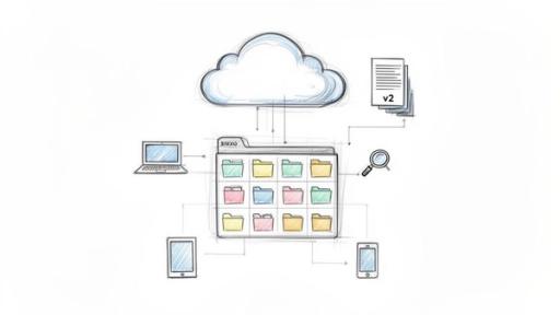 Diagram illustrating cloud-based document management across multiple devices with versioning and search.