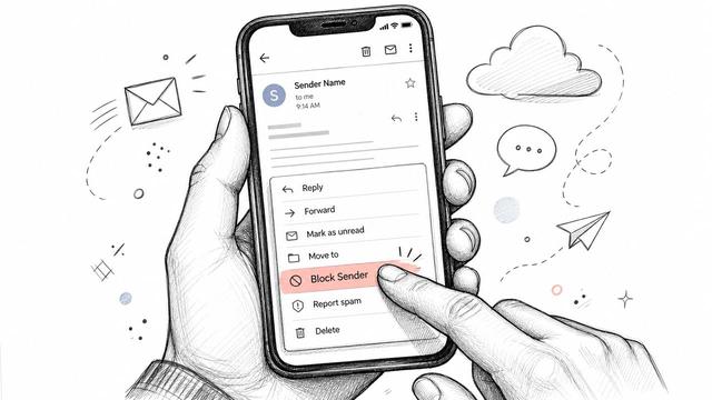 A hand holding a smartphone showing an email app with the Block Sender option highlighted.