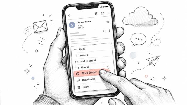 A hand holding a smartphone showing an email app with the Block Sender option highlighted.