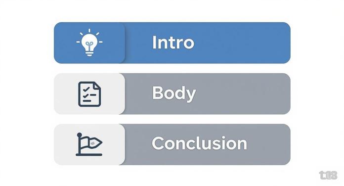 Three-tiered essay structure diagram showing intro with lightbulb, body with checklist, and conclusion with flag icons