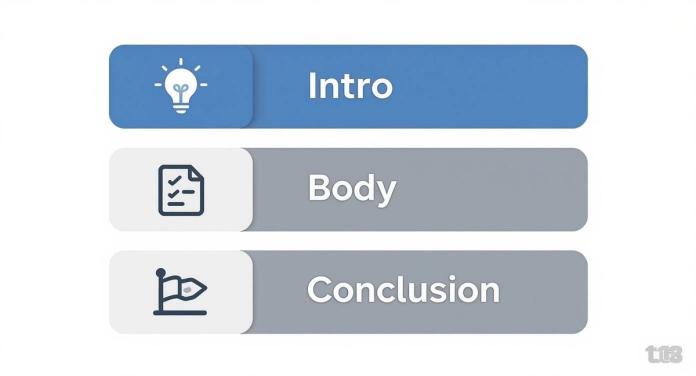 Three-tiered essay structure diagram showing intro with lightbulb, body with checklist, and conclusion with flag icons