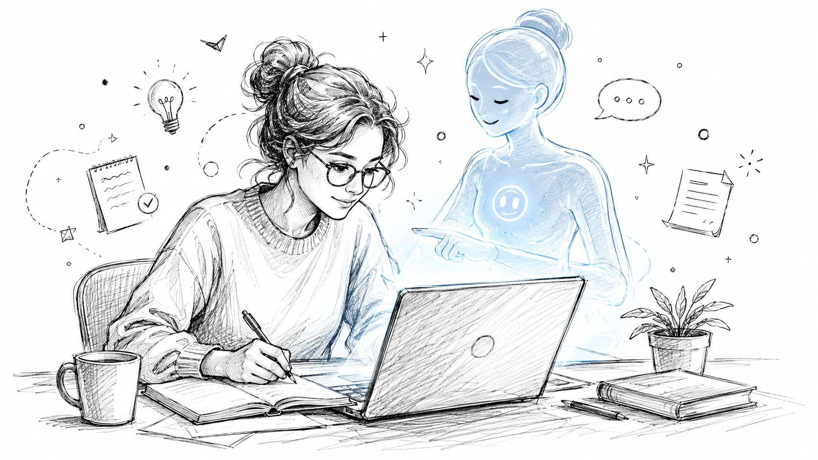 A girl working at a laptop with a digital AI assistant helping her write with a pen.