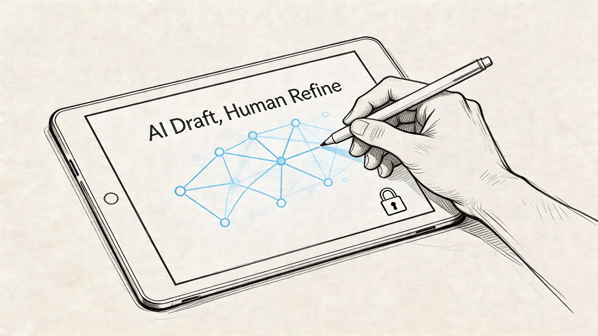 A hand using a digital pen to refine a network diagram on a tablet screen labeled AI Draft.