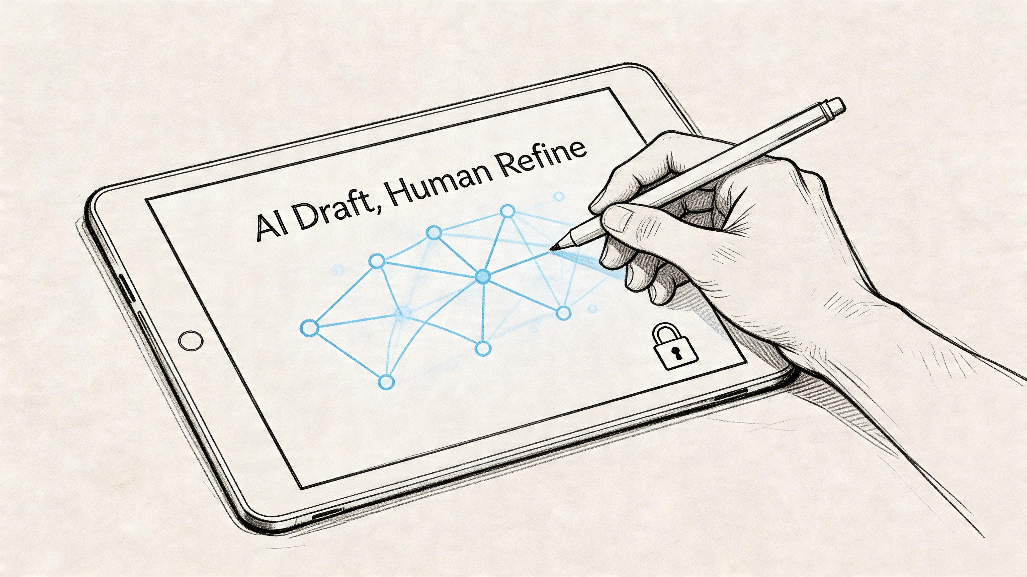 A hand using a digital pen to refine a network diagram on a tablet screen labeled AI Draft.