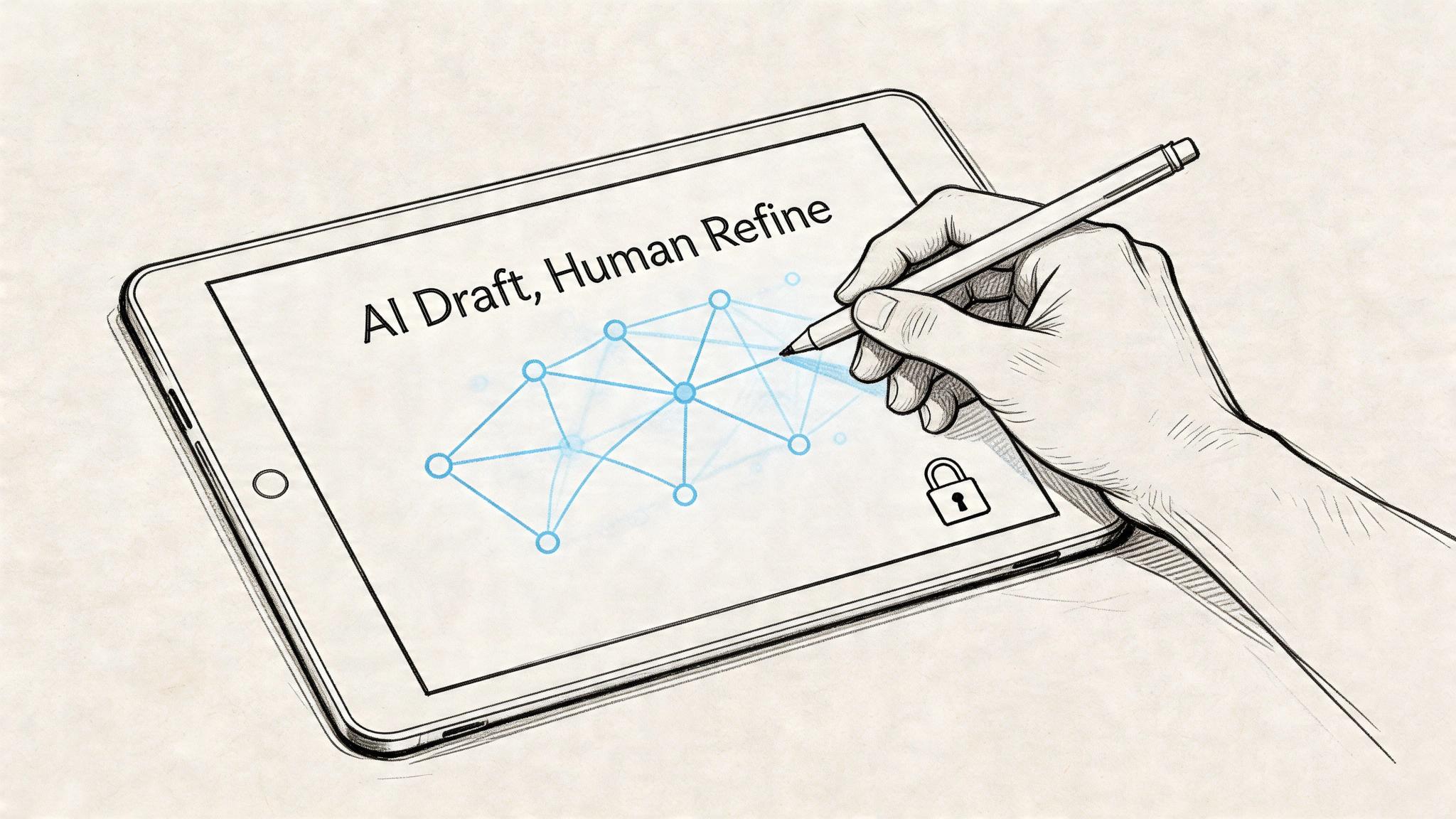 A hand using a digital pen to refine a network diagram on a tablet screen labeled AI Draft.