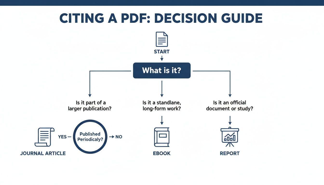 Decision guide flowchart for citing a PDF, differentiating between journal articles, ebooks, and reports.