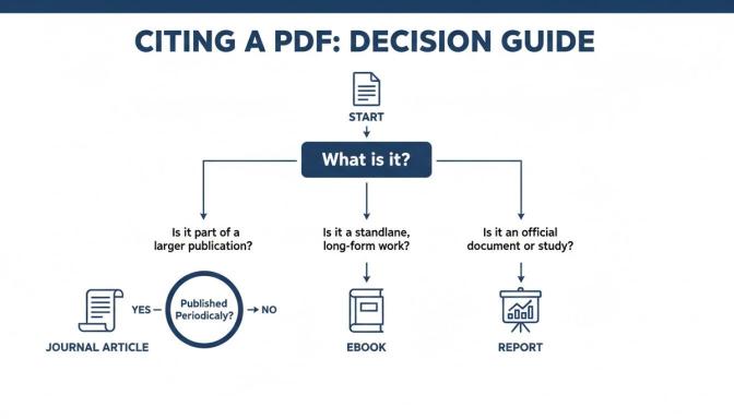 Decision guide flowchart for citing a PDF, differentiating between journal articles, ebooks, and reports.