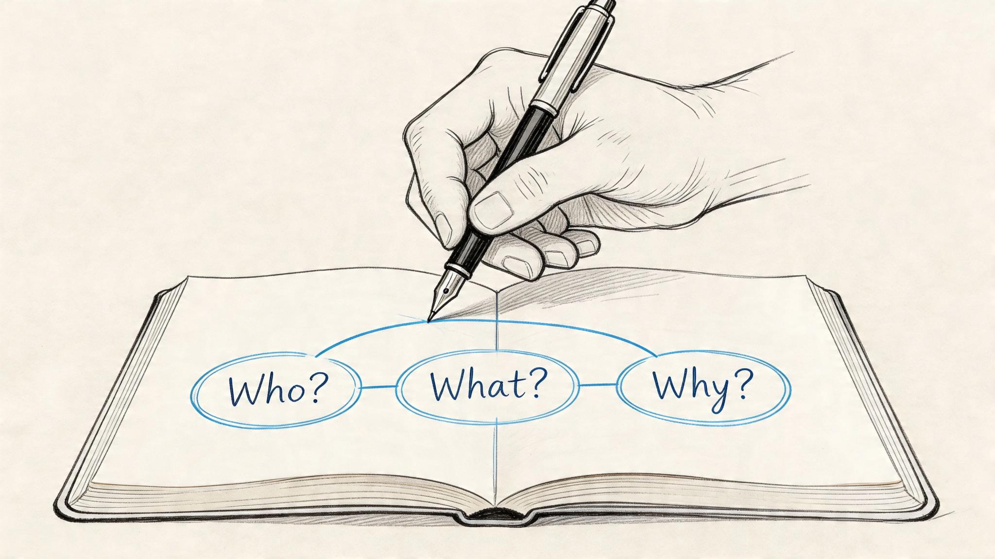 A hand drawing a diagram in a notebook with the labels Who, What, and Why in circles.