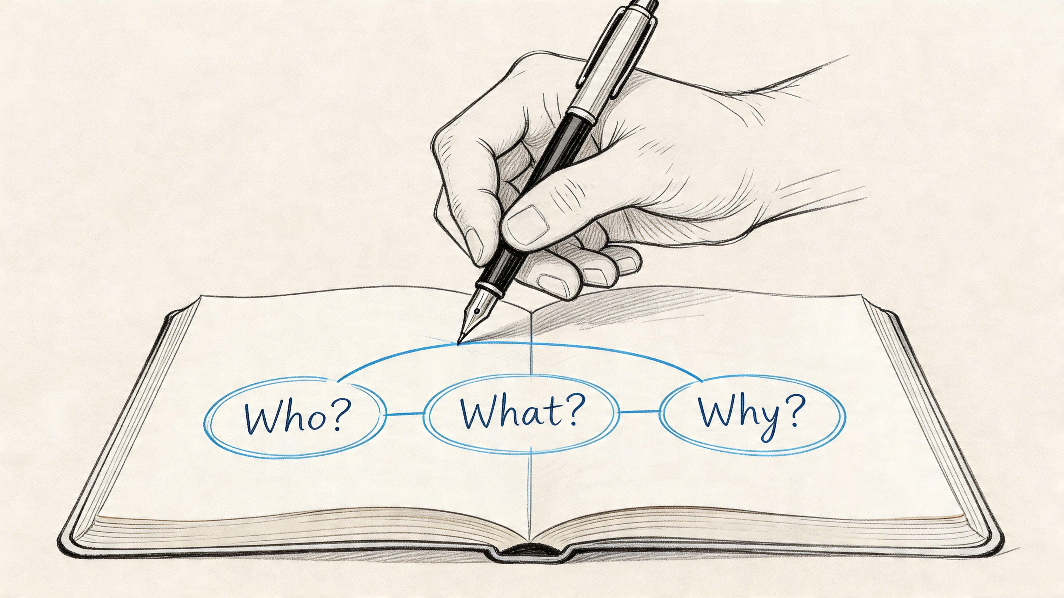 A hand drawing a diagram in a notebook with the labels Who, What, and Why in circles.