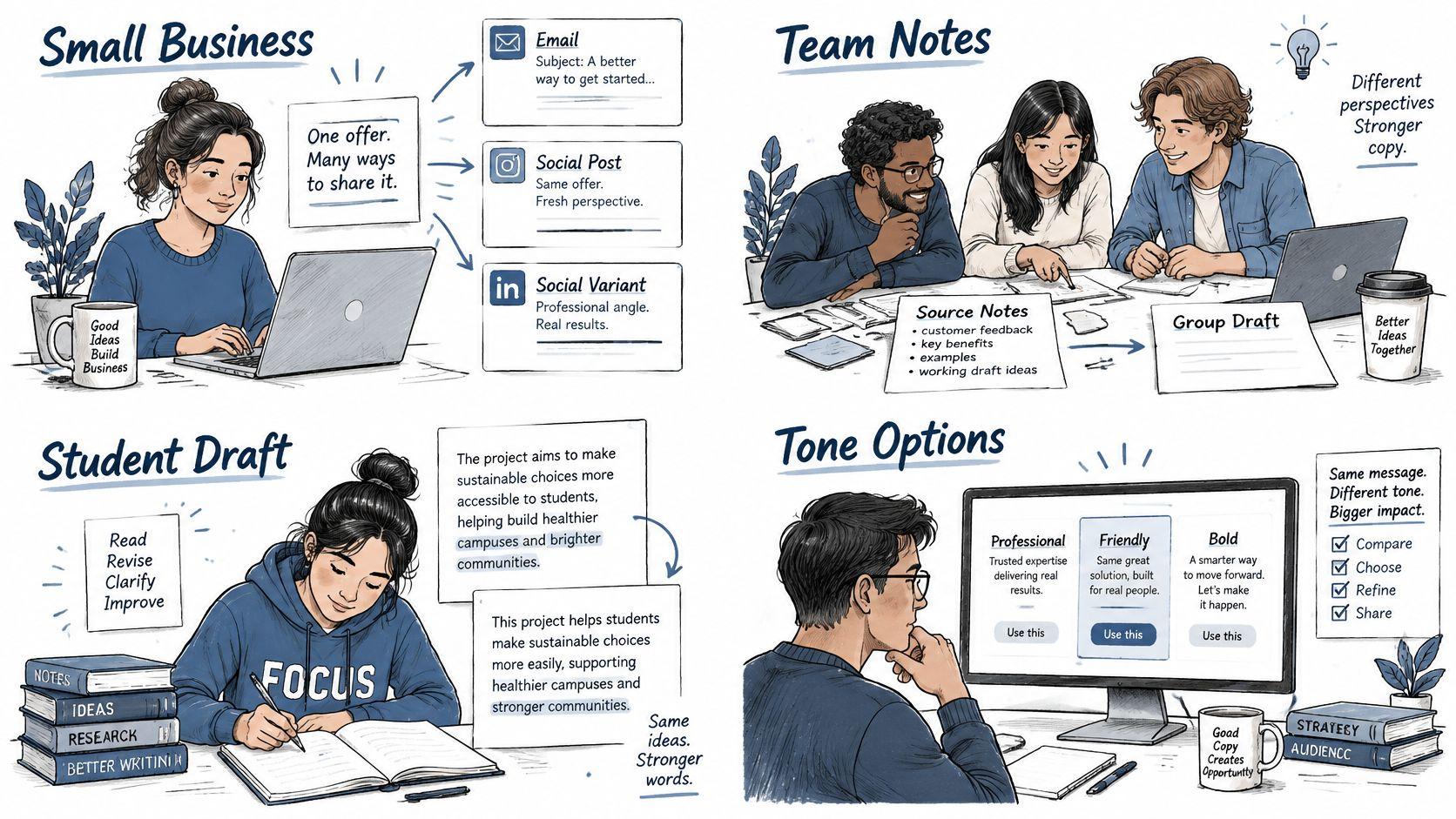 A four-part illustration showing how to use AI tools for diverse copywriting tasks and content refinement.