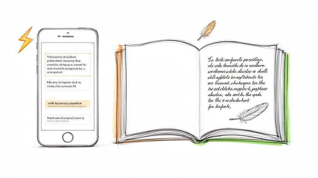 A sketch illustrating a smartphone displaying text and an open book with handwritten text and feathers.