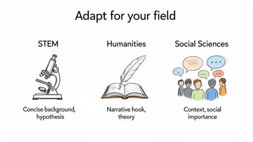 Diagram showing how to adapt research paper introductions for STEM, Humanities, and Social Sciences.