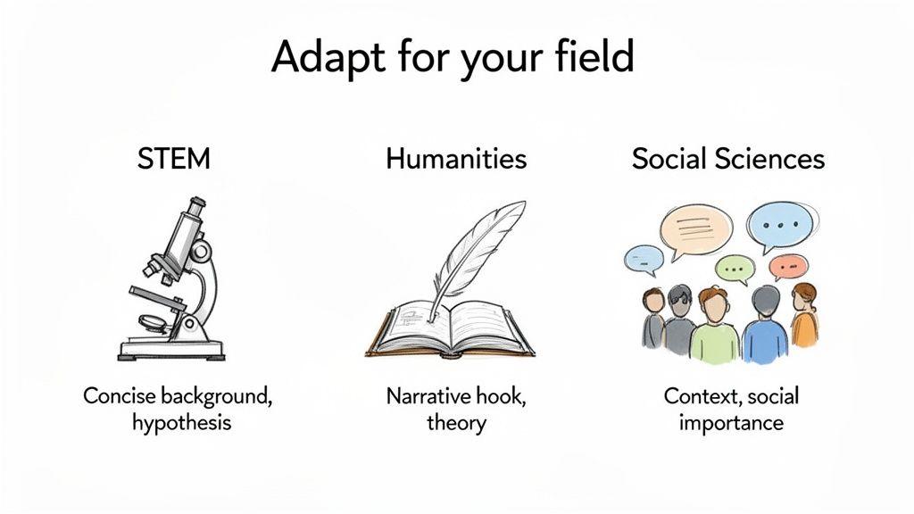 Diagram showing how to adapt research paper introductions for STEM, Humanities, and Social Sciences.